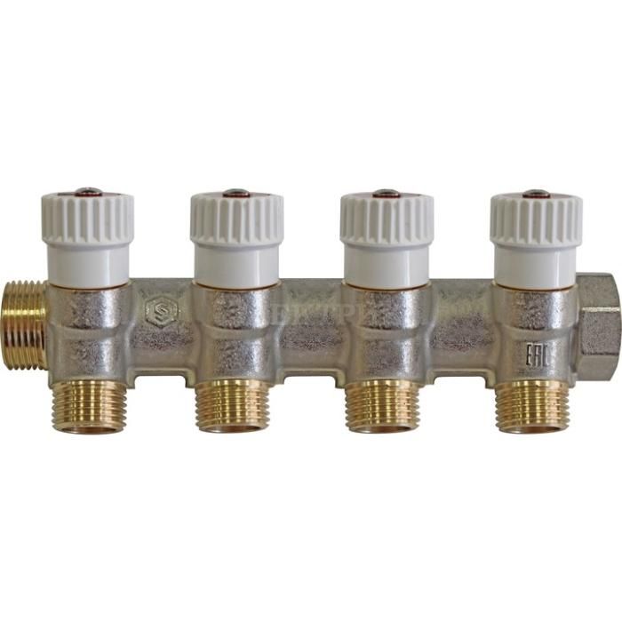 Stout коллектор регулирующий 3/4", 4 отвода 1/2" плоское уплотнение. Коллектор латунь 3/4х1/2 с кранами 4 выхода. Smb-6850-011203. Регулирующий коллектор c 4-мя отводами far1 1/4". Коллектор стаут для водоснабжения соединение.