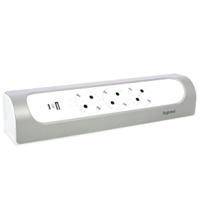 Удлинитель Комфорт 3х2P+E угловой 2хUSB A+C (3А) зарядками без кабеля бел/алюм. Leg 694504