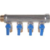 SMB 6201 341204 STOUT Коллектор с шаровыми кранами 3/4", 4 отвода 1/2" (синие ручки)