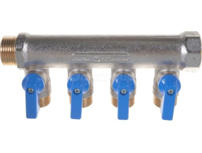 SMB 6201 341204 STOUT Коллектор с шаровыми кранами 3/4", 4 отвода 1/2" (синие ручки)
