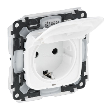 Механизм розетки 1-м СП Valena Allure 16А IP44 250В 2К+З защ. шторки откидная крышка бел. Leg 755204