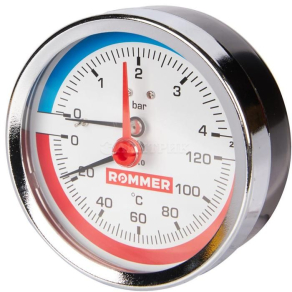 RIM-0005-800415 ROMMER Термоманометр аксиальный в комплекте с автоматическим запорным клапаном Корпус Dn 80 мм,1/2 , 0...120°С, 0 -4