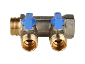SMB 6201 341202 STOUT Коллектор с шаровыми кранами 3/4", 2 отвода 1/2" (синие ручки)