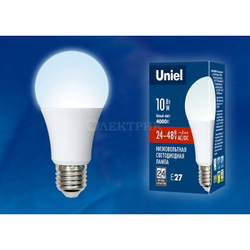 Лампа светодиодная LED-A60-10W/NW/E27 /FR/24-48V PLO55WH 10Вт грушевидная матовая 4000К нейтр. бел. E27 24-48В (упак. картон) Uniel UL-00002382
