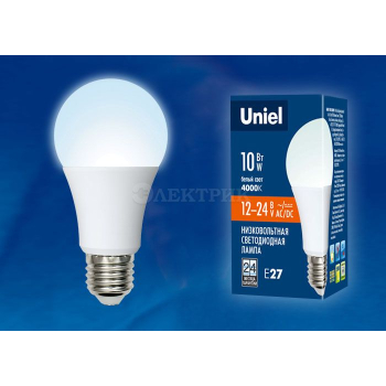 Лампа светодиодная LED-A60-10W/NW/E27 /FR/12-24V PLO55WH 10Вт грушевидная матовая 4000К нейтр. бел. E27 12-24В (упак. картон) Uniel UL-00002381