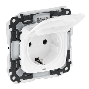 Механизм розетки 1-м СП Valena Allure 16А IP44 250В 2К+З защ. шторки откидная крышка бел. Leg 755204