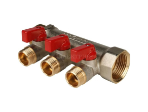 SMB 6200 011203 STOUT Коллектор с шаровыми кранами 1", 3 отвода 1/2" (красные ручки)