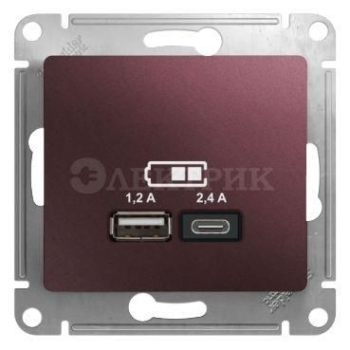 Механизм розетки USB GLOSSA A+С 5В/2.4А 2х5В/1.2А баклажан. SchE GSL001139