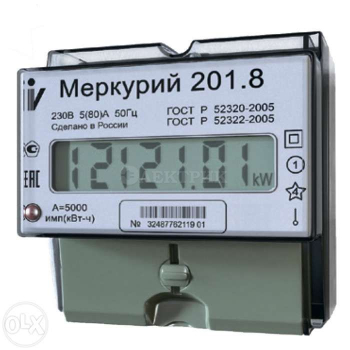 Счетчик "Меркурий" 201.8 1ф 5-80А 1 класс точн. 1 тариф. имп. вых. ЖКИ табло DIN-рейка