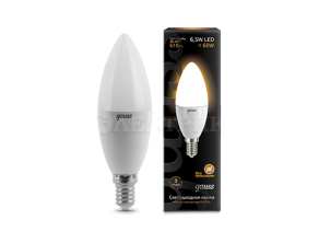 Лампа светодиодная 6.5Вт свеча 2700К тепл. бел. E14 520лм 150-265В GAUSS 103101107